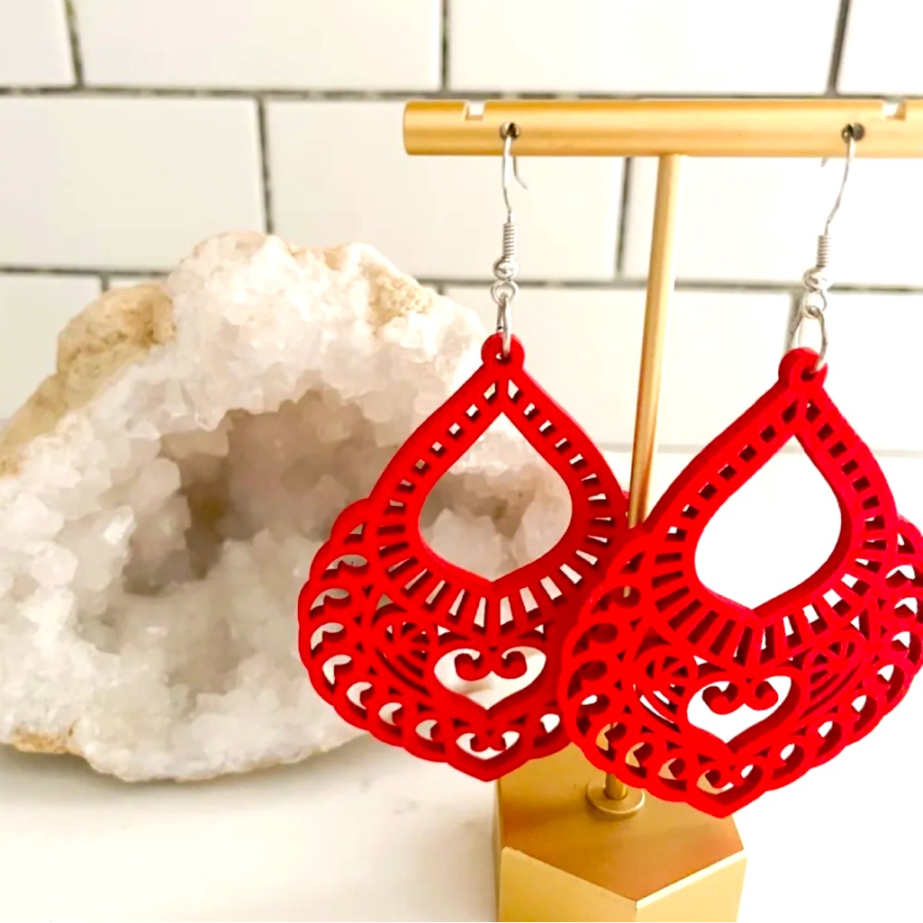Valentine’s Day Boho Wooden Geometric Red Statement Earrings | Laser Cut